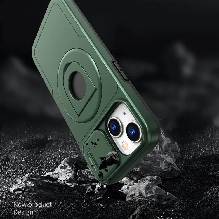 For iPhone 13 / 14 Phone Case Kickstand Magnetic Back Shell with Slide Camera Coverish Green