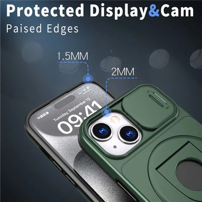 For iPhone 13 / 14 Phone Case Kickstand Magnetic Back Shell with Slide Camera Coverish Green