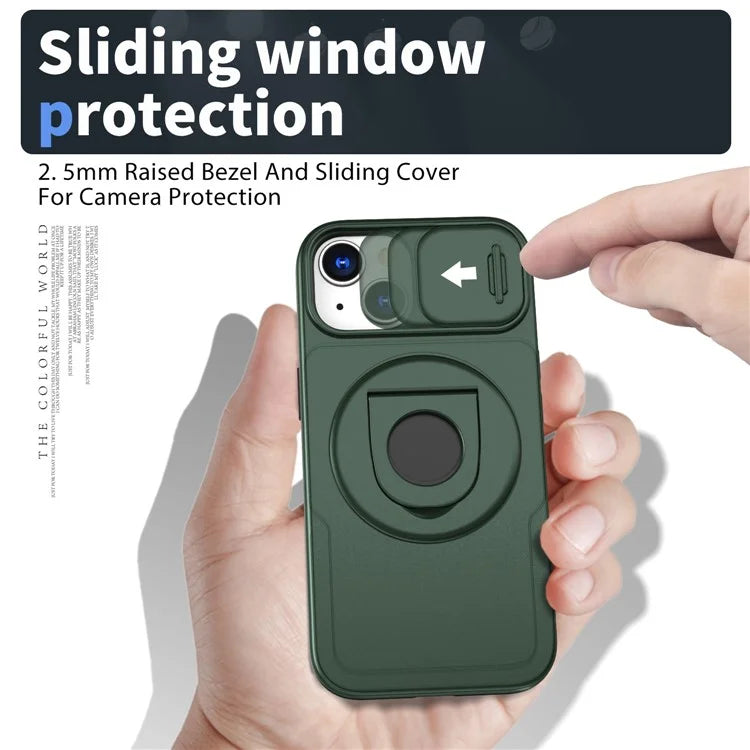For iPhone 13 / 14 Phone Case Kickstand Magnetic Back Shell with Slide Camera Coverish Green