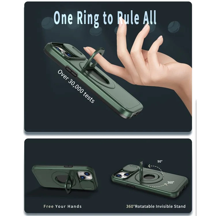 For iPhone 13 / 14 Phone Case Kickstand Magnetic Back Shell with Slide Camera Coverish Green