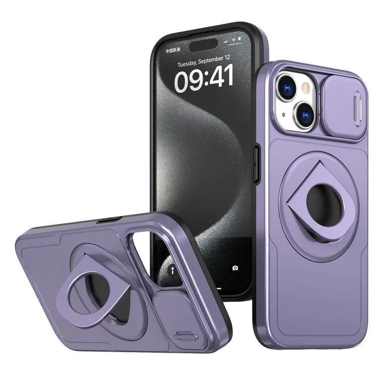 For iPhone 13 / 14 Phone Case Kickstand Magnetic Back Shell with Slide Camera Cover