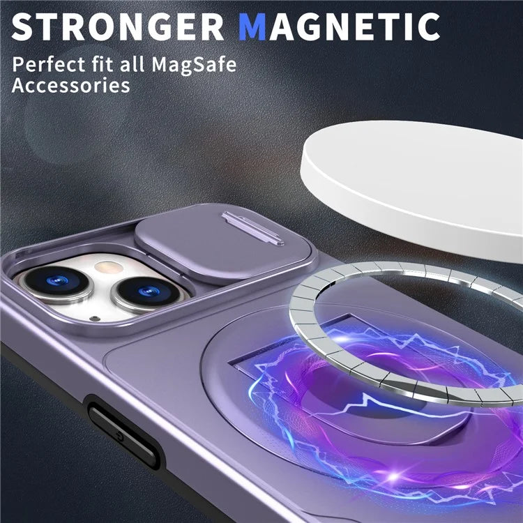 For iPhone 13 / 14 Phone Case Kickstand Magnetic Back Shell with Slide Camera Cover