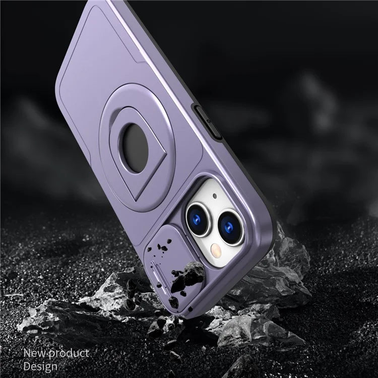 For iPhone 13 / 14 Phone Case Kickstand Magnetic Back Shell with Slide Camera Cover