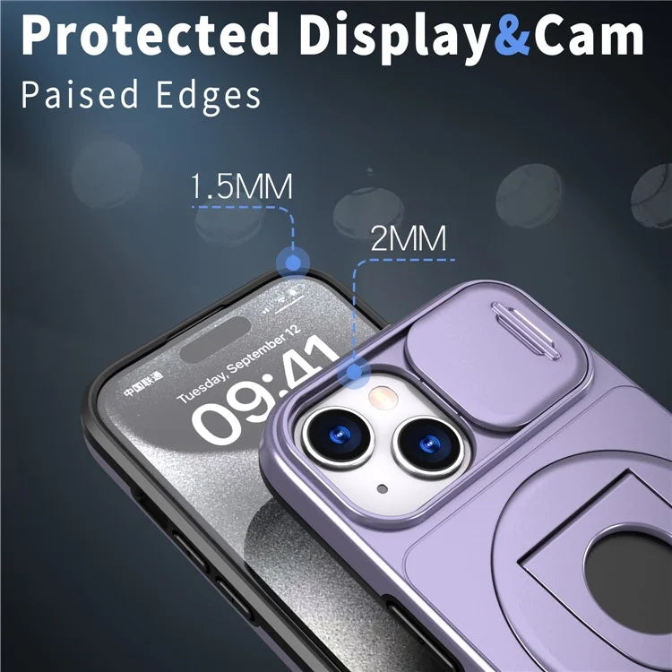 For iPhone 13 / 14 Phone Case Kickstand Magnetic Back Shell with Slide Camera Cover