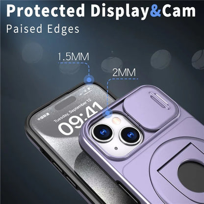 For iPhone 13 / 14 Phone Case Kickstand Magnetic Back Shell with Slide Camera Cover