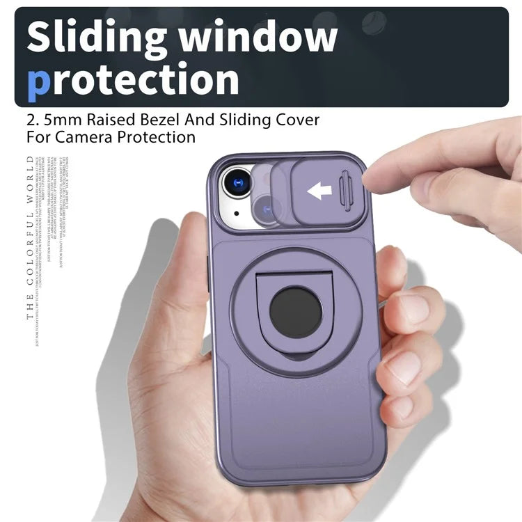 For iPhone 13 / 14 Phone Case Kickstand Magnetic Back Shell with Slide Camera Cover