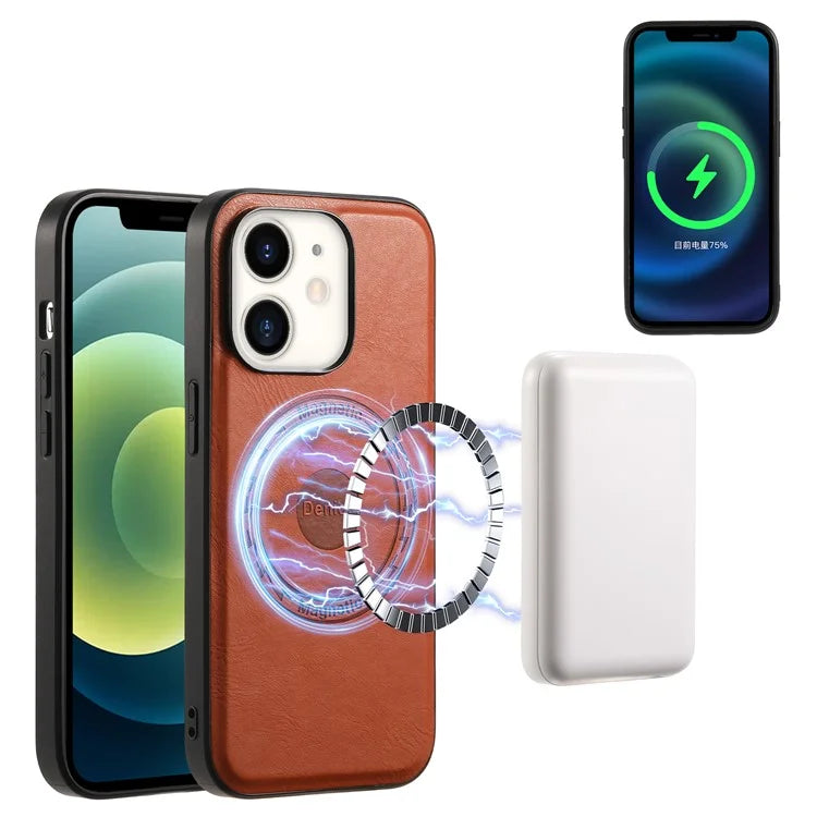 DENIOR For iPhone 12  / 12 Pro Magnetic Phone Case Cowhide Texture PU Leather Back Cover