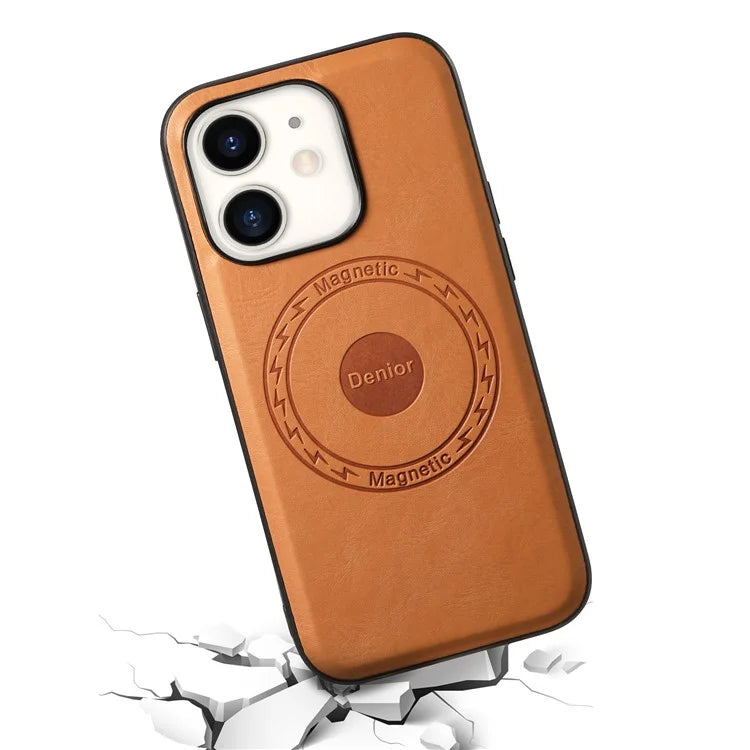 DENIOR For iPhone 12  / 12 Pro Magnetic Phone Case Cowhide Texture PU Leather Back Cover