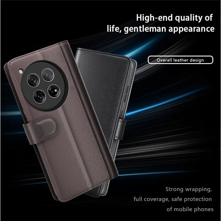 For OnePlus 12 5G Wallet Case Genuine Split Leather Phone Cover with TPU Shockproof Shell
