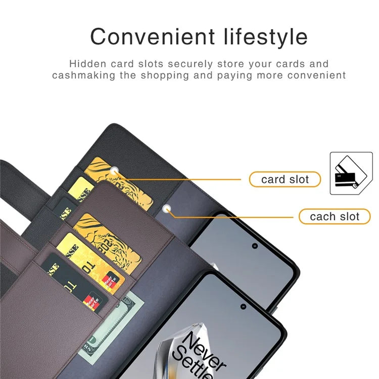 For OnePlus 12 5G Wallet Case Genuine Split Leather Phone Cover with TPU Shockproof Shell