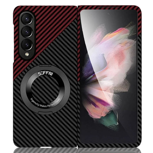 For Samsung Galaxy Z Fold3 5G Magnetic Case Carbon Fiber Texture Cover with Ring Kickstand+Red