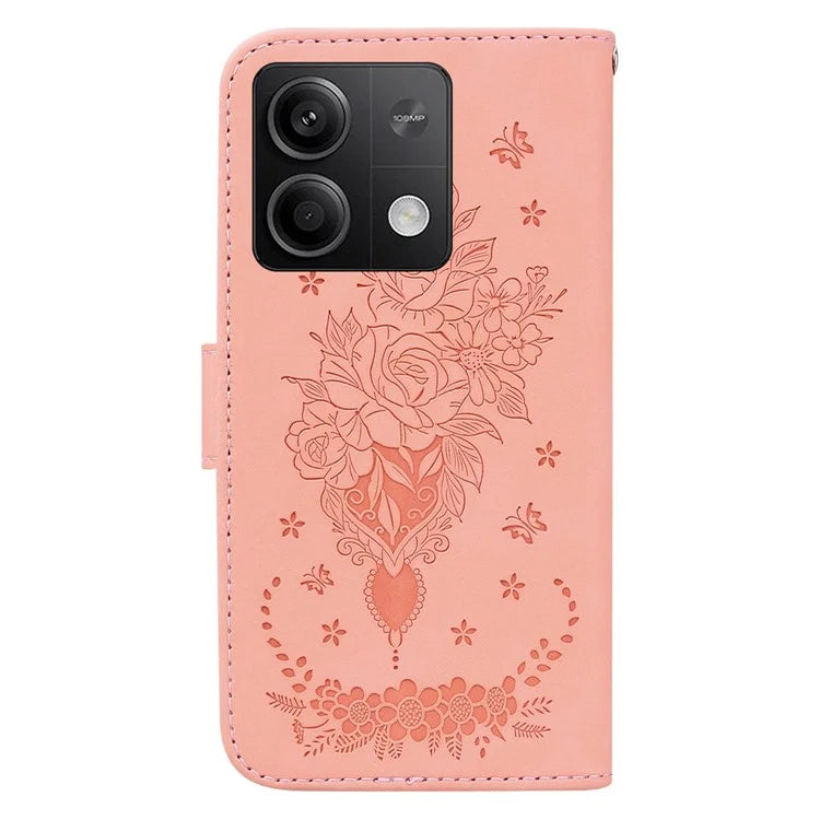 For Xiaomi Redmi Note 13 5G / 13 5G (China) Case Rose Butterfly Imprinted Card Holder Phone Cover