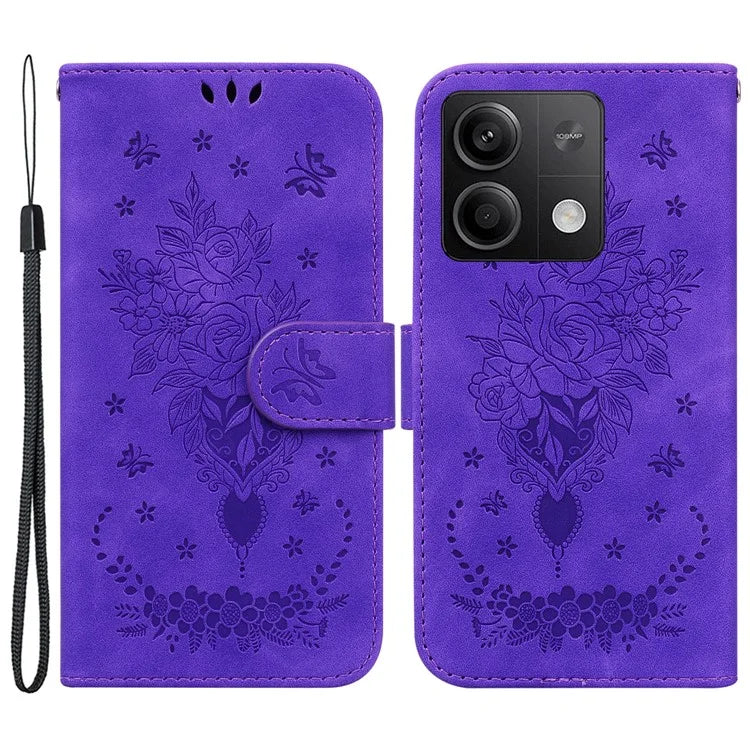 For Xiaomi Redmi Note 13 5G / 13 5G (China) Case Rose Butterfly Imprinted Card Holder Phone Cover