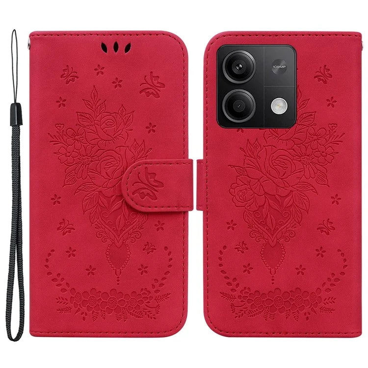 For Xiaomi Redmi Note 13 5G / 13 5G (China) Case Rose Butterfly Imprinted Card Holder Phone Cover