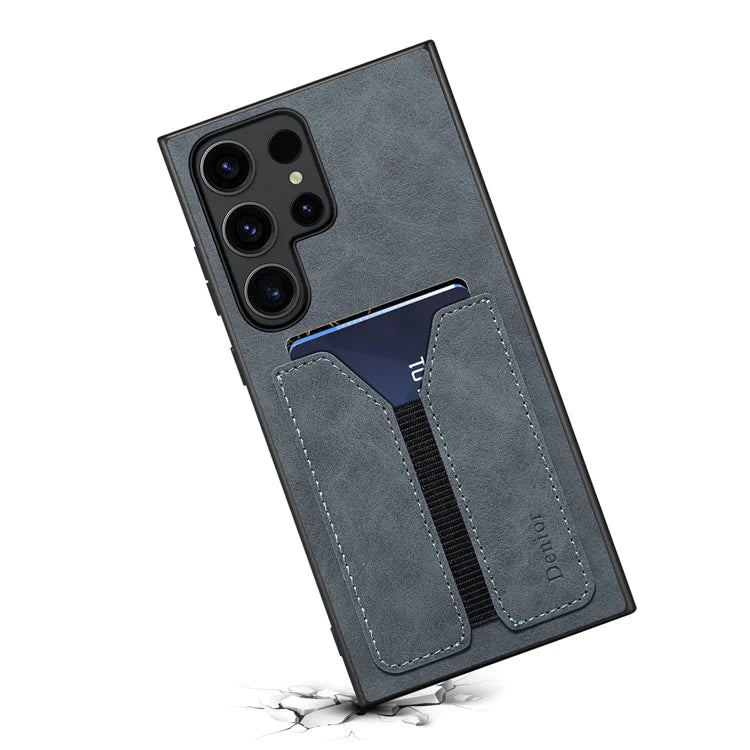 DENIOR For Samsung Galaxy S24 Ultra Phone Case Elastic Card Holder PU Leather Back Cover