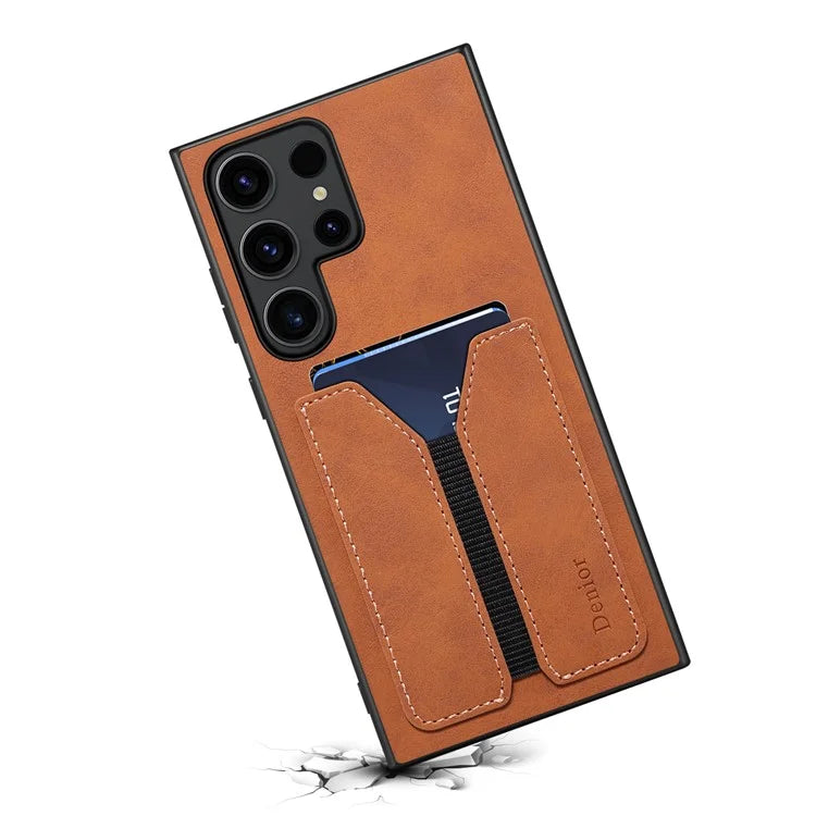 DENIOR For Samsung Galaxy S24 Ultra Phone Case Elastic Card Holder PU Leather Back Cover