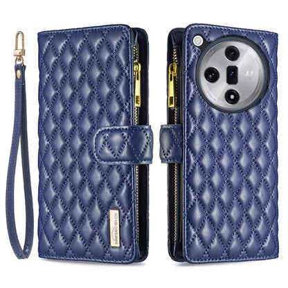 BINFEN COLOR BF Style-15 For Oppo Find X7 Ultra Case Rhombus Imprinted Zipper Pocket Phone Cover