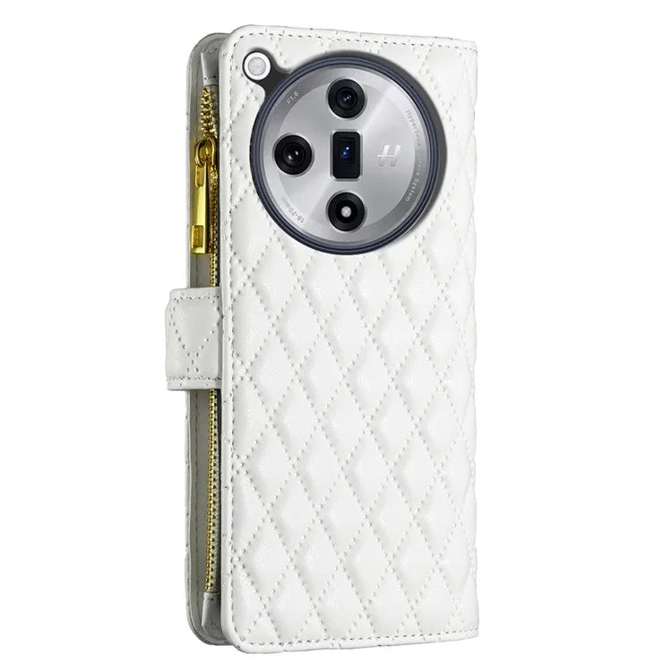 BINFEN COLOR BF Style-15 For Oppo Find X7 Ultra Case Rhombus Imprinted Zipper Pocket Phone Cover