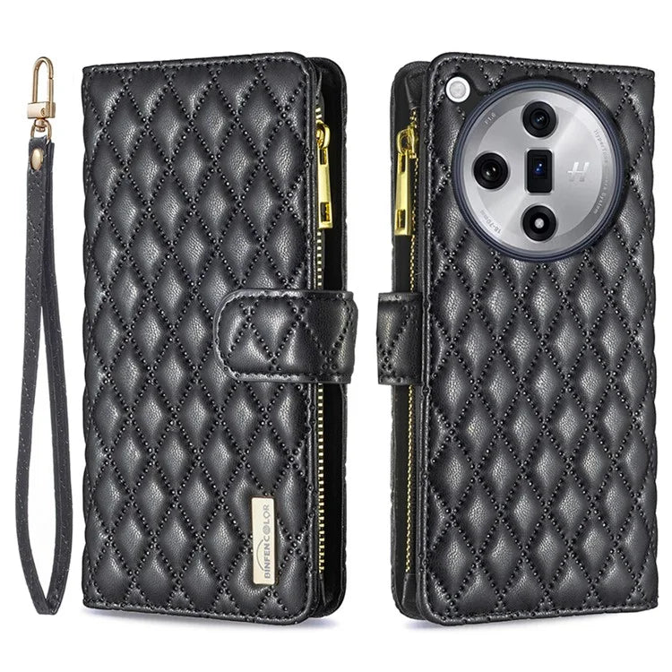 BINFEN COLOR BF Style-15 For Oppo Find X7 Ultra Case Rhombus Imprinted Zipper Pocket Phone Cover