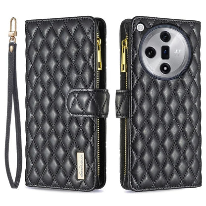 BINFEN COLOR BF Style-15 For Oppo Find X7 Ultra Case Rhombus Imprinted Zipper Pocket Phone Cover