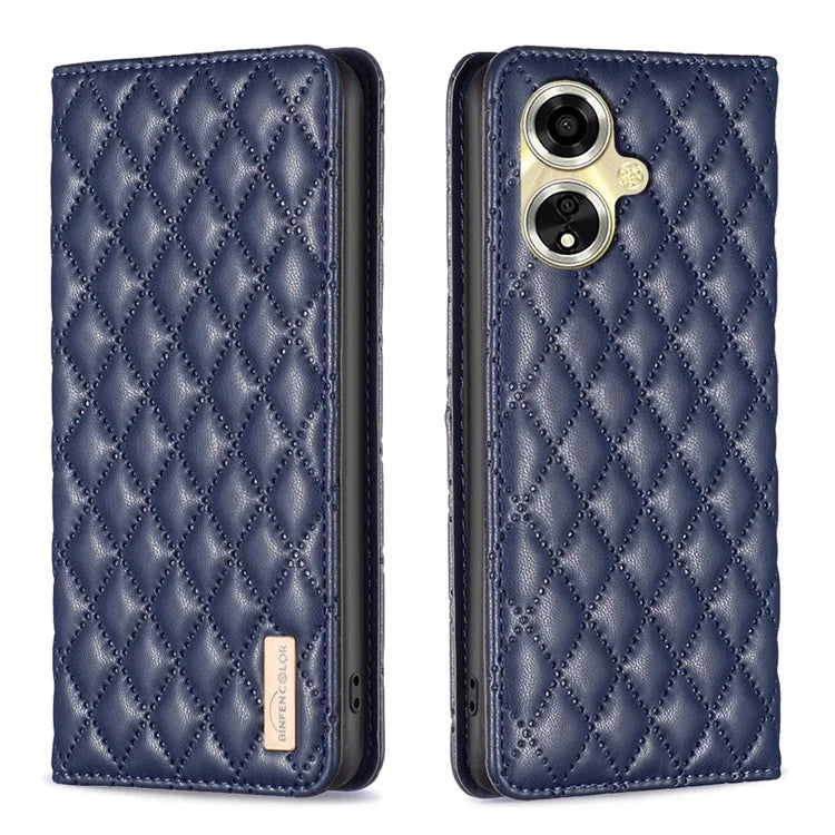 BINFEN COLOR BF Style-16 For Oppo A59 5G Phone Case with Card Holder Rhombus Grid Cover