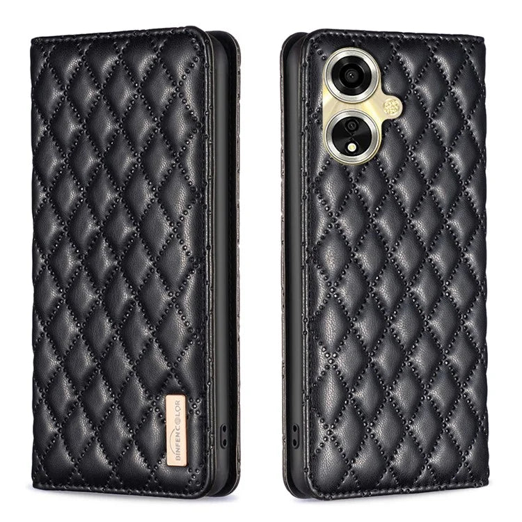 BINFEN COLOR BF Style-16 For Oppo A59 5G Phone Case with Card Holder Rhombus Grid Cover