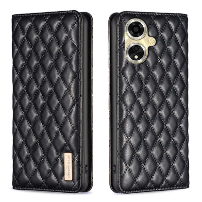 BINFEN COLOR BF Style-16 For Oppo A59 5G Phone Case with Card Holder Rhombus Grid Cover
