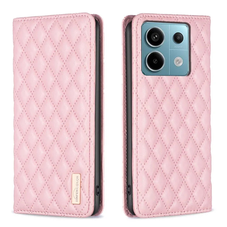 BINFEN COLOR BF Style-16 For Xiaomi Redmi Note 13 Pro 5G / Poco X6 5G Phone Case Rhombus Grid Viewing Stand Cover