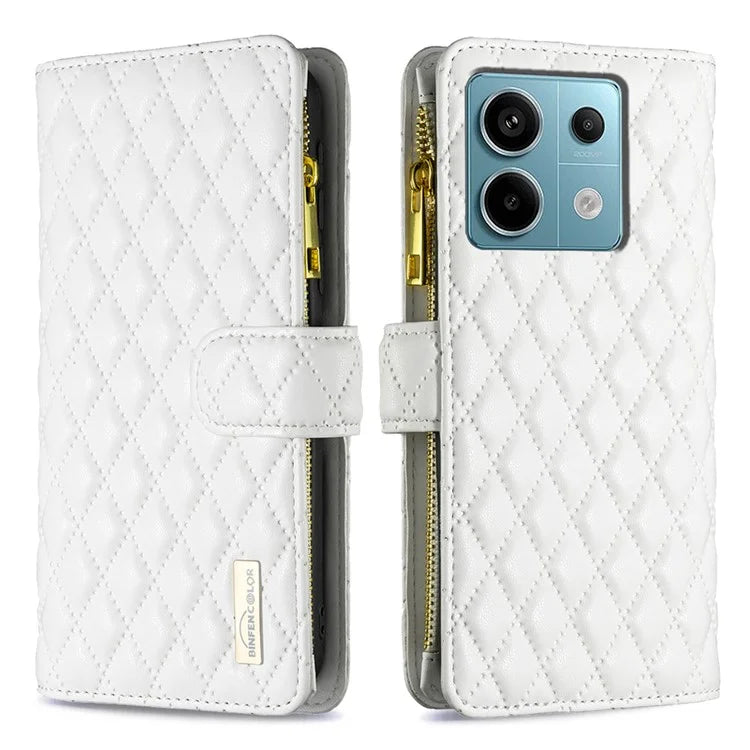 BINFEN COLOR BF Style-15 For Xiaomi Redmi Note 13 Pro 5G / Poco X6 5G Zipper Pocket Case Leather Rhombus Phone Cover