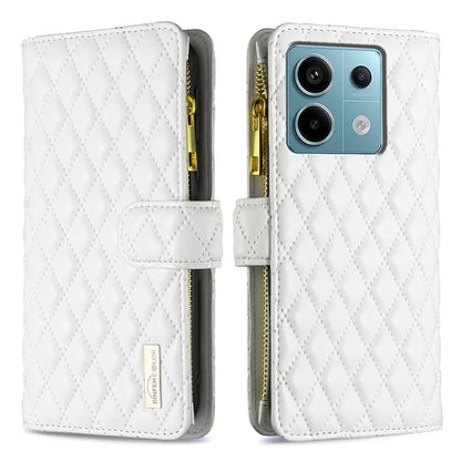 BINFEN COLOR BF Style-15 For Xiaomi Redmi Note 13 Pro 5G / Poco X6 5G Zipper Pocket Case Leather Rhombus Phone Cover