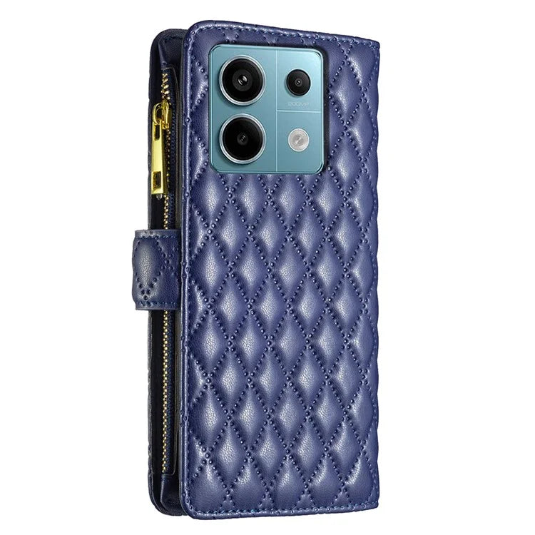 BINFEN COLOR BF Style-15 For Xiaomi Redmi Note 13 Pro 5G / Poco X6 5G Zipper Pocket Case Leather Rhombus Phone Cover