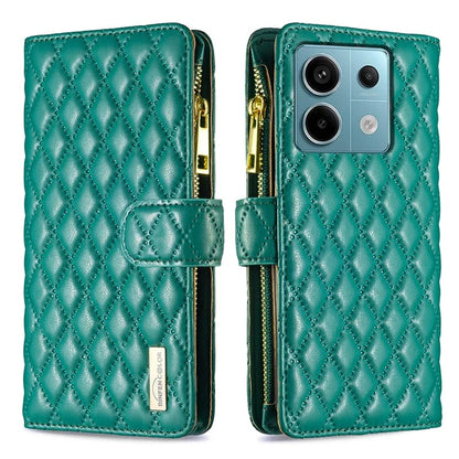 BINFEN COLOR BF Style-15 For Xiaomi Redmi Note 13 Pro 5G / Poco X6 5G Zipper Pocket Case Leather Rhombus Phone Cover