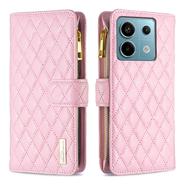 BINFEN COLOR BF Style-15 For Xiaomi Redmi Note 13 Pro 5G / Poco X6 5G Zipper Pocket Case Leather Rhombus Phone Cover