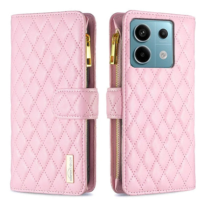 BINFEN COLOR BF Style-15 For Xiaomi Redmi Note 13 Pro 5G / Poco X6 5G Zipper Pocket Case Leather Rhombus Phone Cover