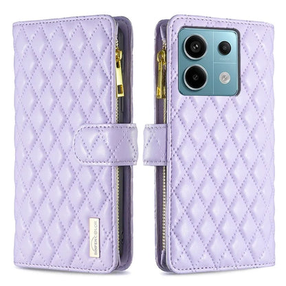 BINFEN COLOR BF Style-15 For Xiaomi Redmi Note 13 Pro 5G / Poco X6 5G Zipper Pocket Case Leather Rhombus Phone Cover