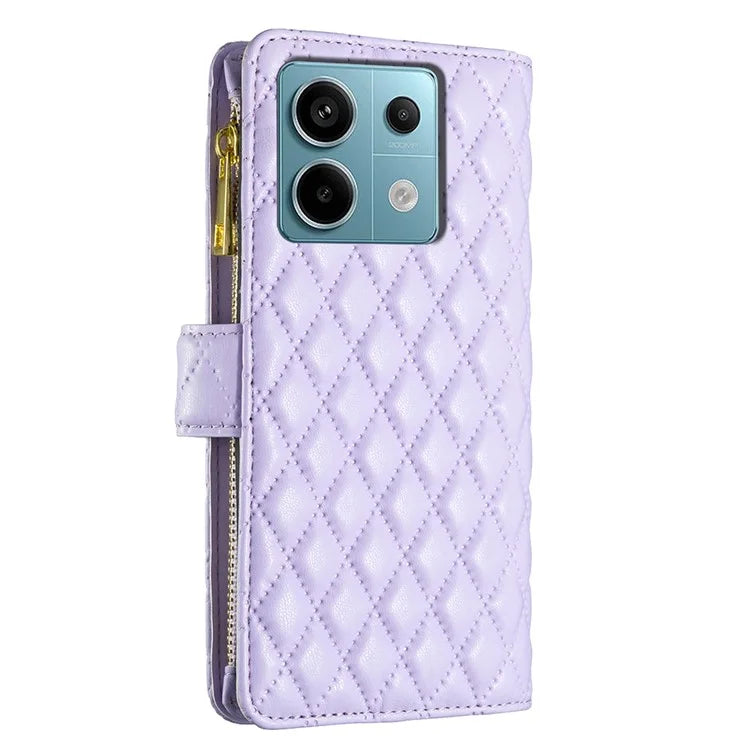 BINFEN COLOR BF Style-15 For Xiaomi Redmi Note 13 Pro 5G / Poco X6 5G Zipper Pocket Case Leather Rhombus Phone Cover