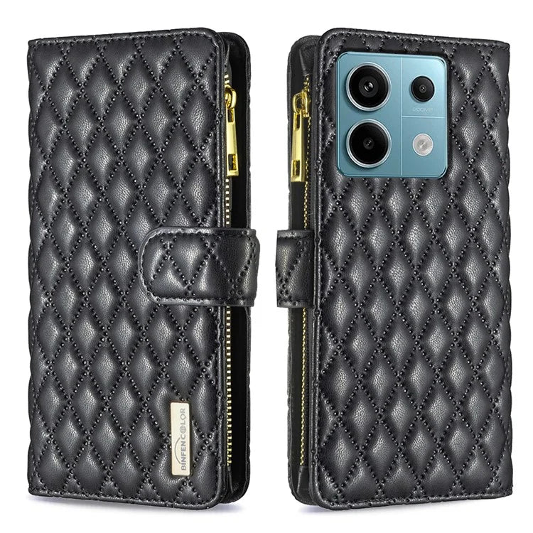 BINFEN COLOR BF Style-15 For Xiaomi Redmi Note 13 Pro 5G / Poco X6 5G Zipper Pocket Case Leather Rhombus Phone Cover