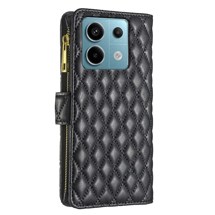 BINFEN COLOR BF Style-15 For Xiaomi Redmi Note 13 Pro 5G / Poco X6 5G Zipper Pocket Case Leather Rhombus Phone Cover