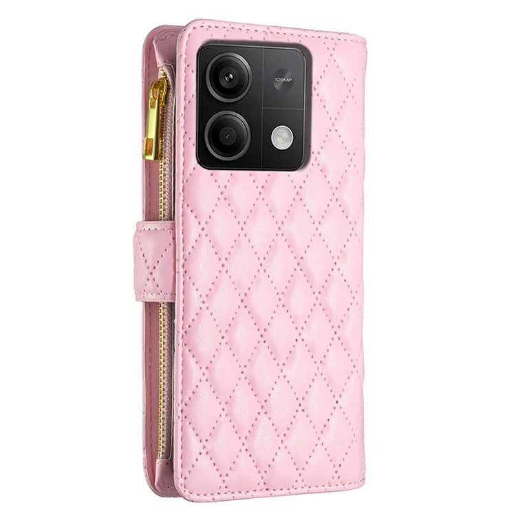 BINFEN COLOR BF Style-15 For Xiaomi Redmi Note 13 5G Zipper Leather Case Rhombus Handbag Phone Cover