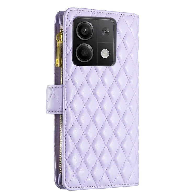BINFEN COLOR BF Style-15 For Xiaomi Redmi Note 13 5G Zipper Leather Case Rhombus Handbag Phone Cover