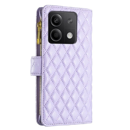 BINFEN COLOR BF Style-15 For Xiaomi Redmi Note 13 5G Zipper Leather Case Rhombus Handbag Phone Cover
