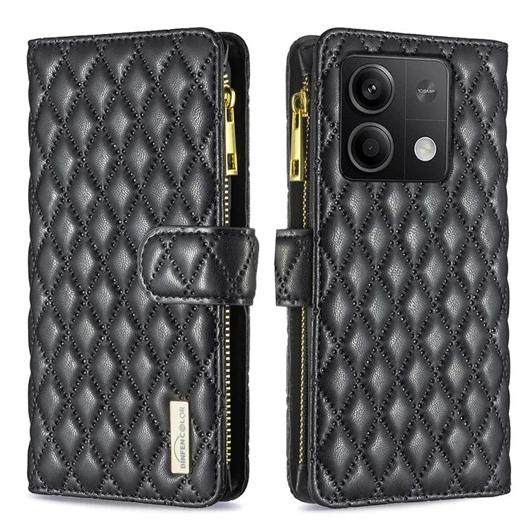 BINFEN COLOR BF Style-15 For Xiaomi Redmi Note 13 5G Zipper Leather Case Rhombus Handbag Phone Cover