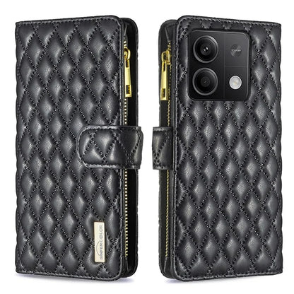 BINFEN COLOR BF Style-15 For Xiaomi Redmi Note 13 5G Zipper Leather Case Rhombus Handbag Phone Cover