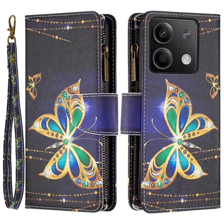 BF03 For Xiaomi Redmi Note 13 5G PU Leather Case Pattern Zipper Pocket Handbag Phone Cover