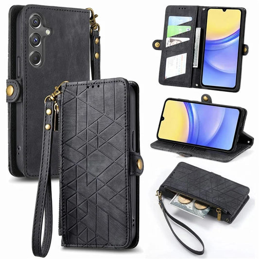 For Samsung Galaxy A15 4G / A15 5G Zipper Case Geometry Leather Flip Phone Cover