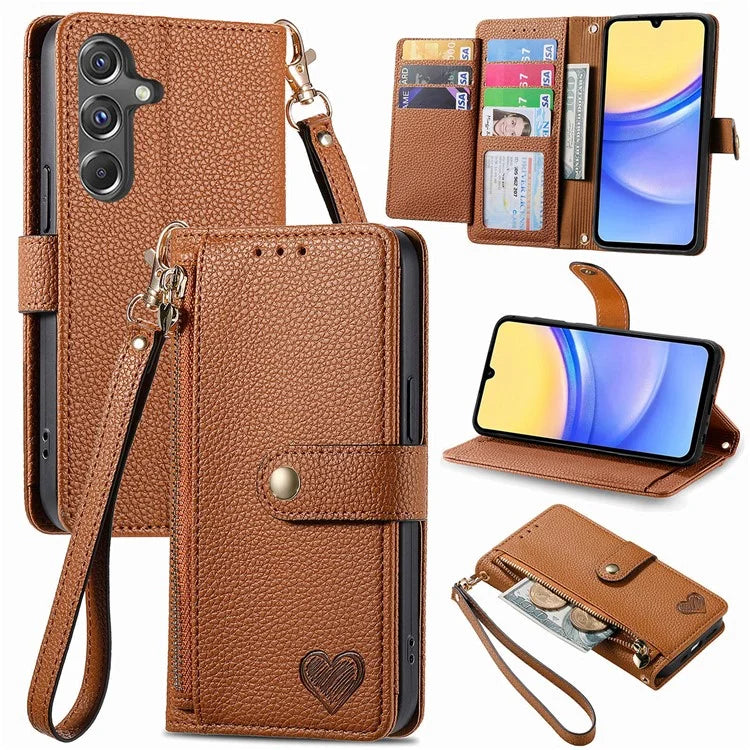 For Samsung Galaxy A15 4G / 5G Phone Case Heart Pattern Leather RFID Blocking Cover