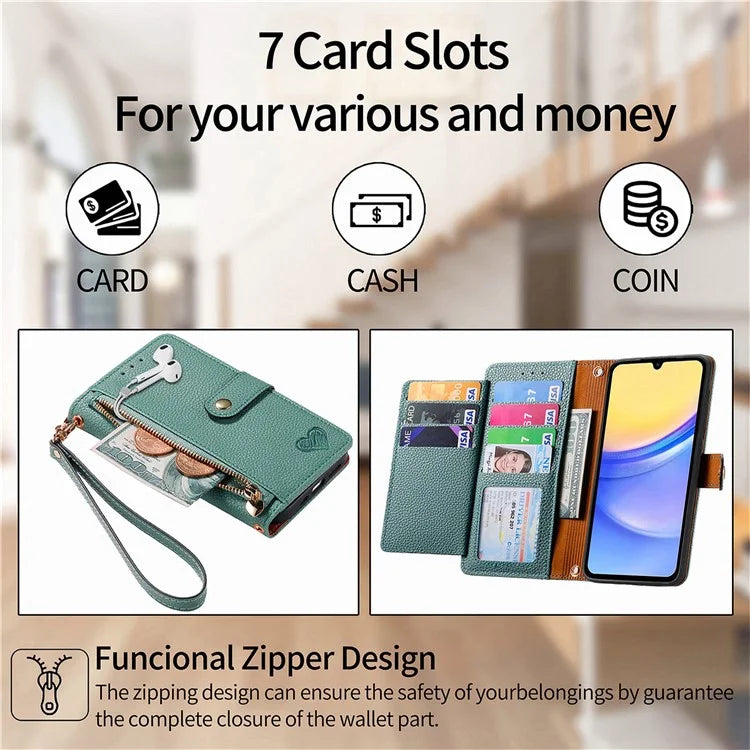 For Samsung Galaxy A15 4G / 5G Phone Case Heart Pattern Leather RFID Blocking Cover