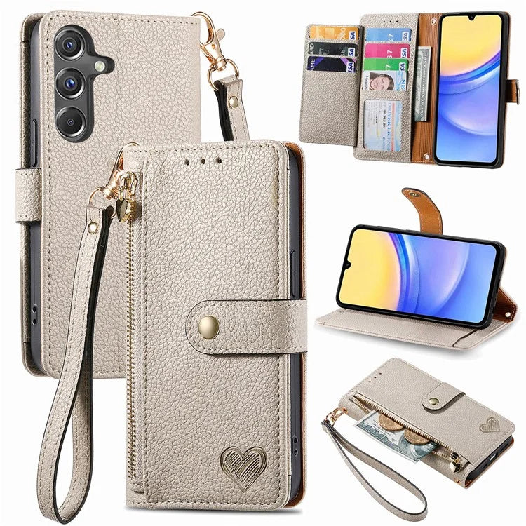 For Samsung Galaxy A15 4G / 5G Phone Case Heart Pattern Leather RFID Blocking Cover