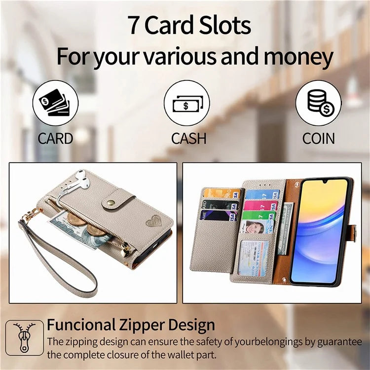 For Samsung Galaxy A15 4G / 5G Phone Case Heart Pattern Leather RFID Blocking Cover