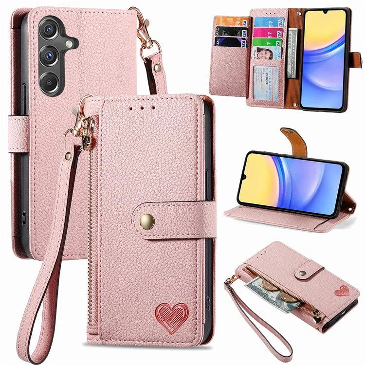 For Samsung Galaxy A15 4G / 5G Phone Case Heart Pattern Leather RFID Blocking Cover